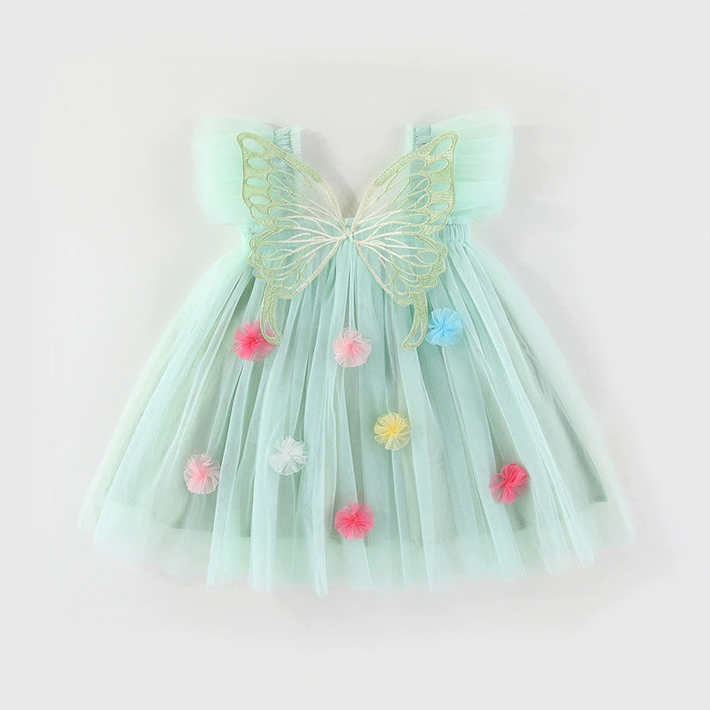 Vestido infantil de tul con alas y flores