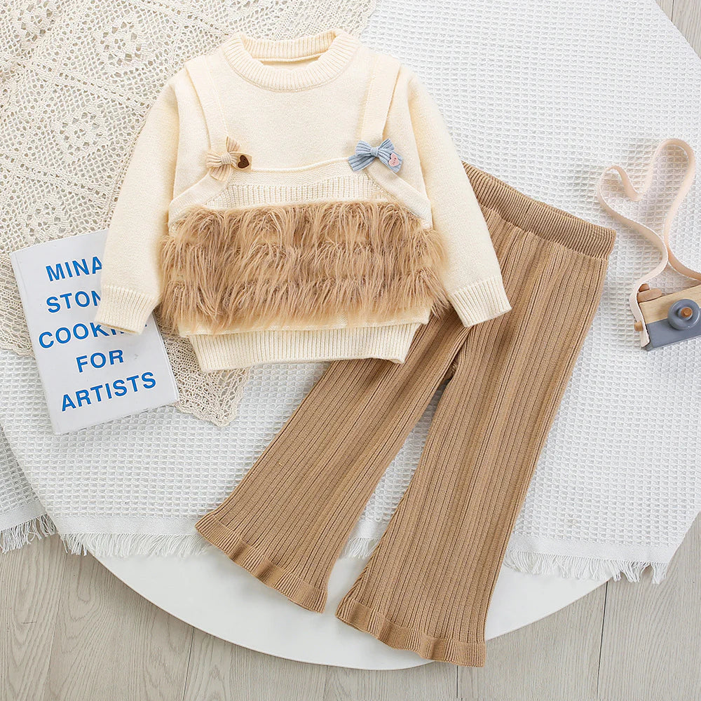 Children's Knit Set with Bow and Fur