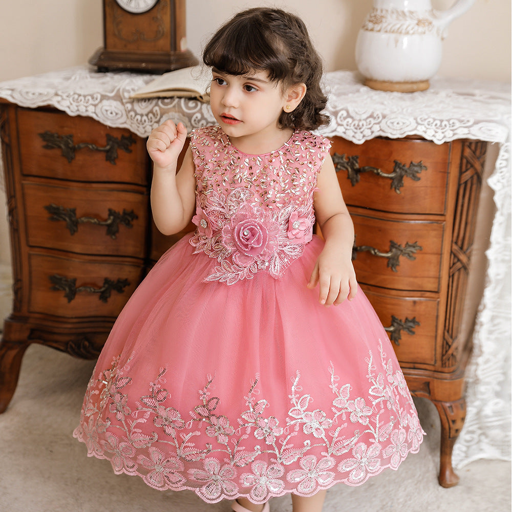Vestido de fiesta infantil de tul brillante y flores
