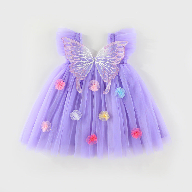 Vestido infantil de tul con alas y flores