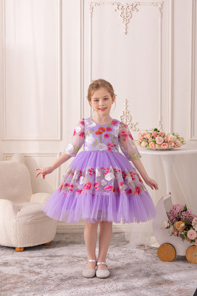 Floral Embroidered Tulle Children's Party Dress