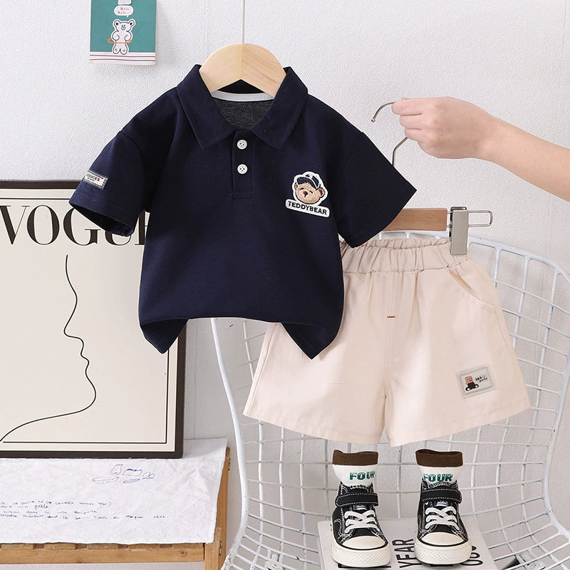 Boys' Polo Shirt Set with Teddy Bear Design