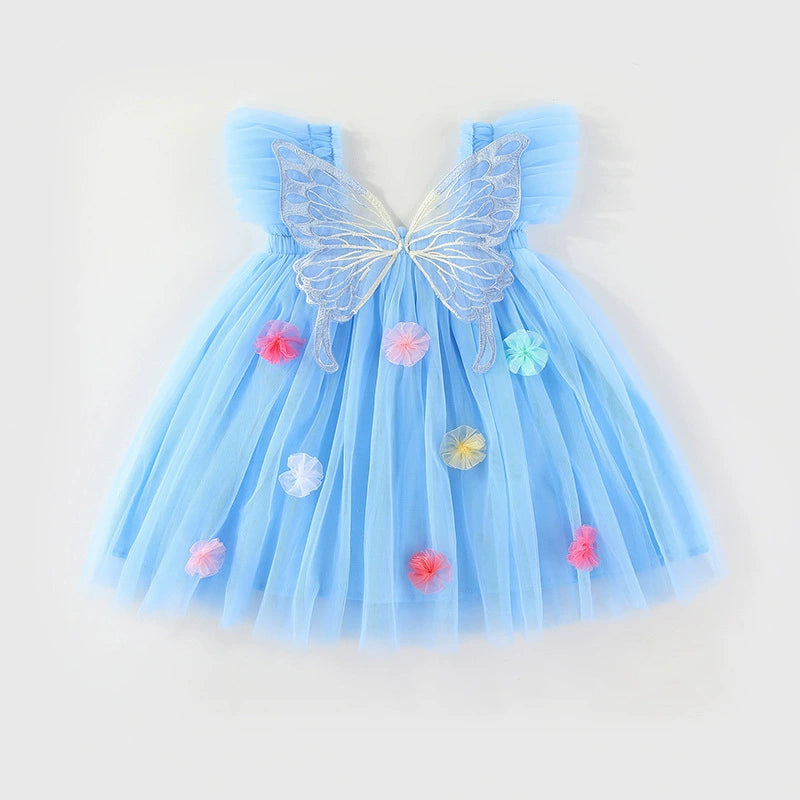 Vestido infantil de tul con alas y flores