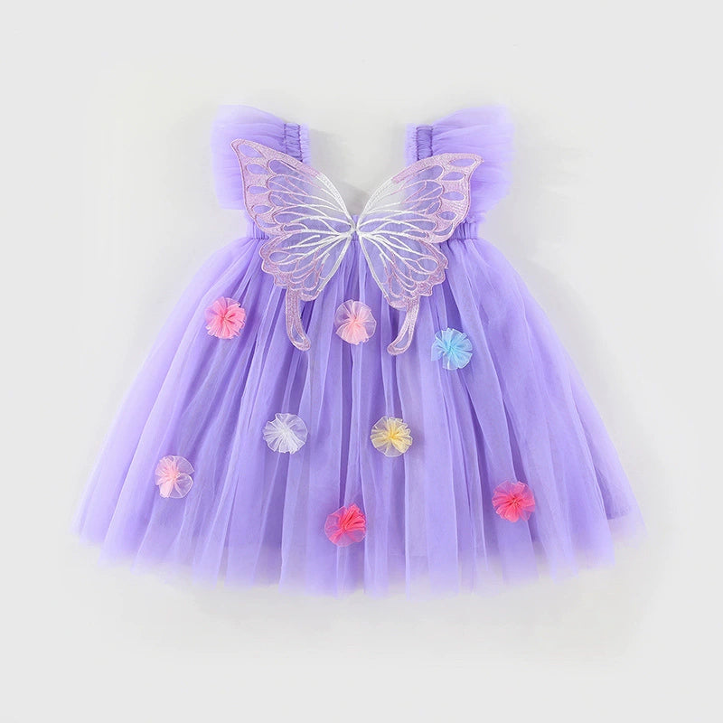 Vestido infantil de tul con alas y flores