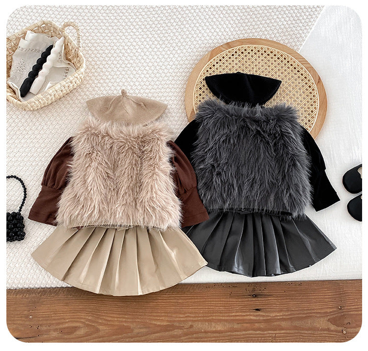 Girls' Furry and Pleated Set