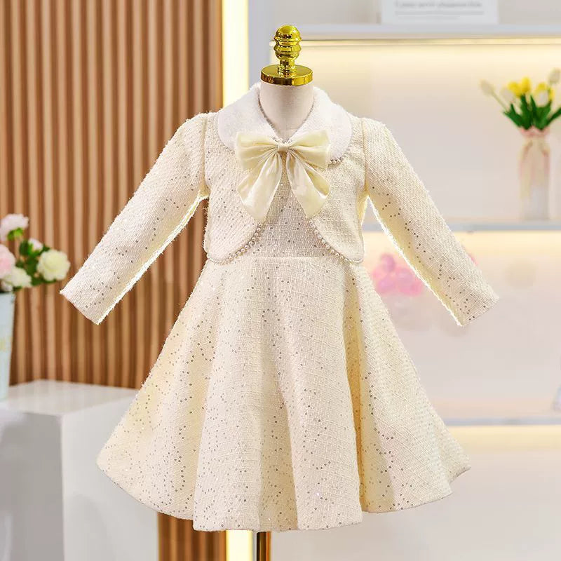 Beige Children's Dress + Romper with Bow