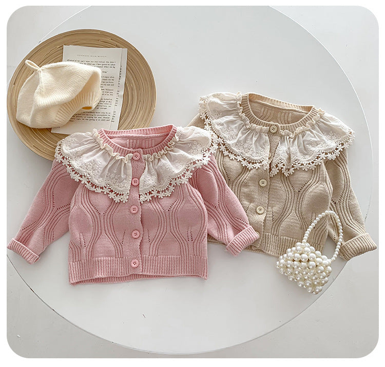 Children's Knitted Coat with Lace Collar