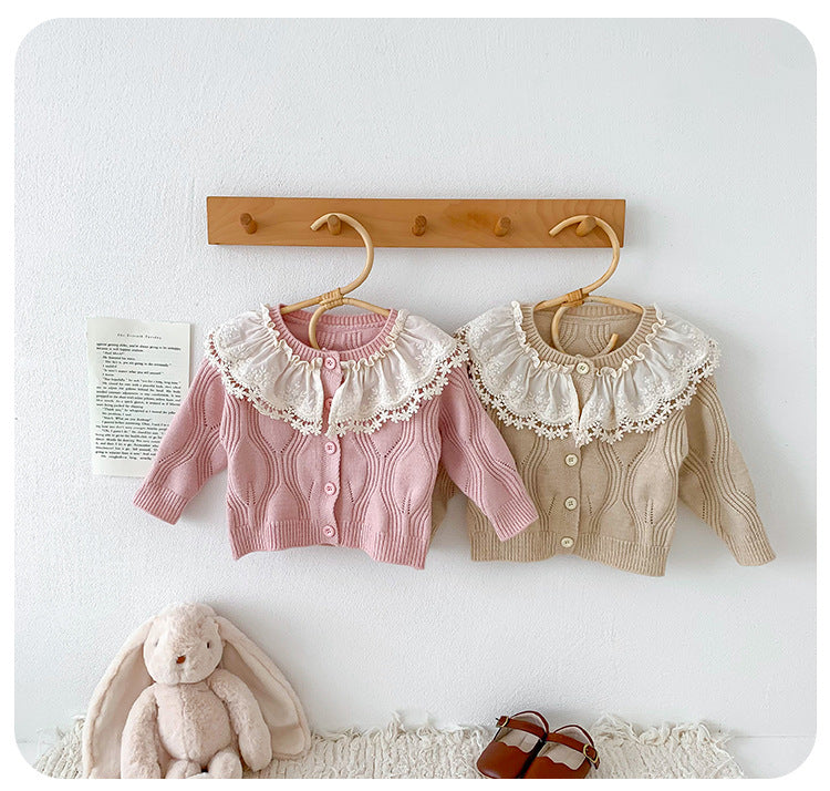 Children's Knitted Coat with Lace Collar