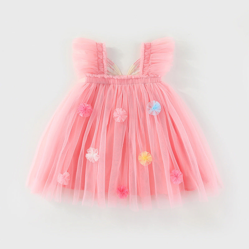 Vestido infantil de tul con alas y flores