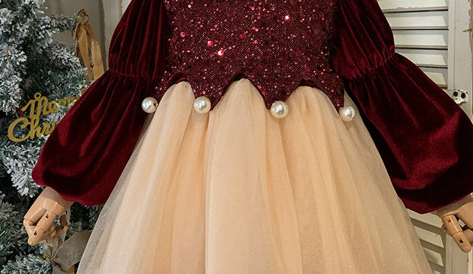 Children's Dress in Shiny Velvet and Pearls