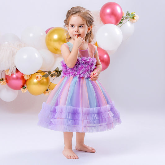 Vestido infantil de tul con flores en colores