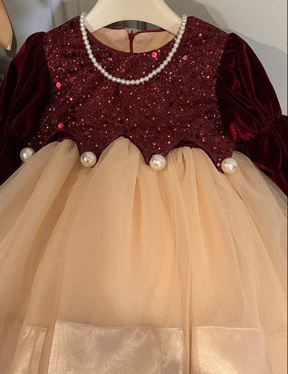 Children's Dress in Shiny Velvet and Pearls