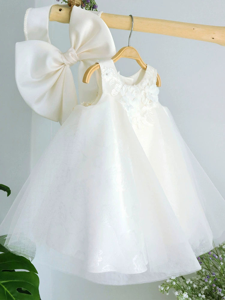 White Children's Dress with Flowers and Bow
