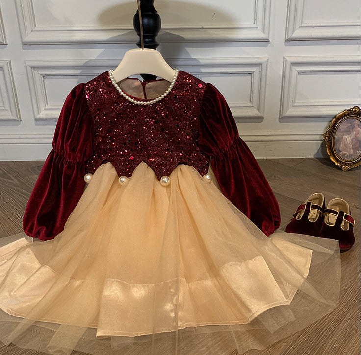 Children's Dress in Shiny Velvet and Pearls