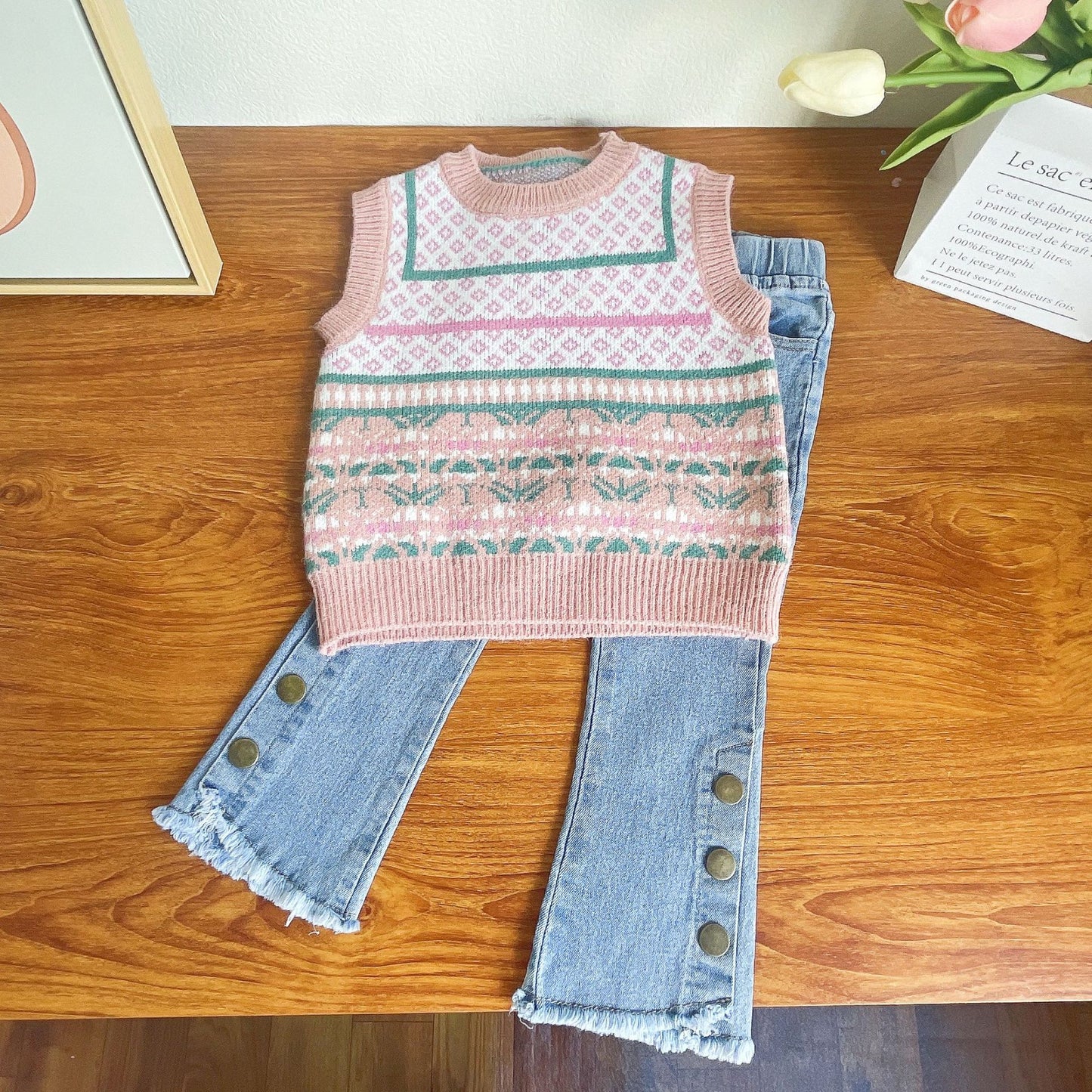 Conjunto de 3 piezas de suéter y jeans para mujer