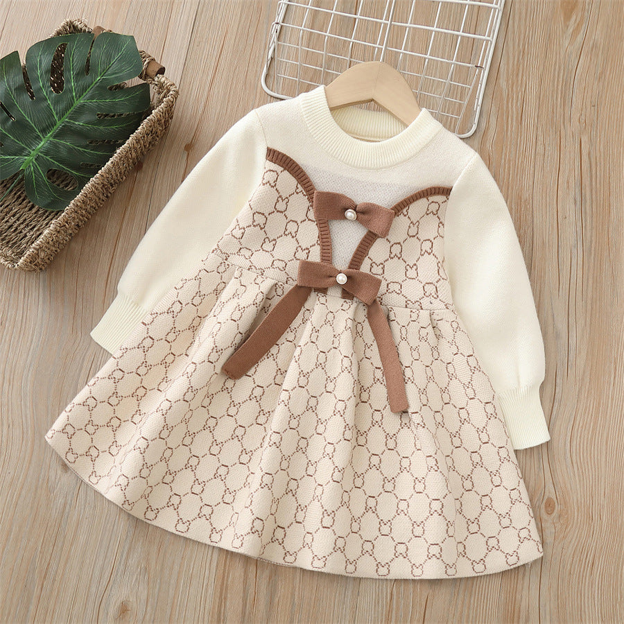 Children's Knitted Dress with Rabbits and Bows