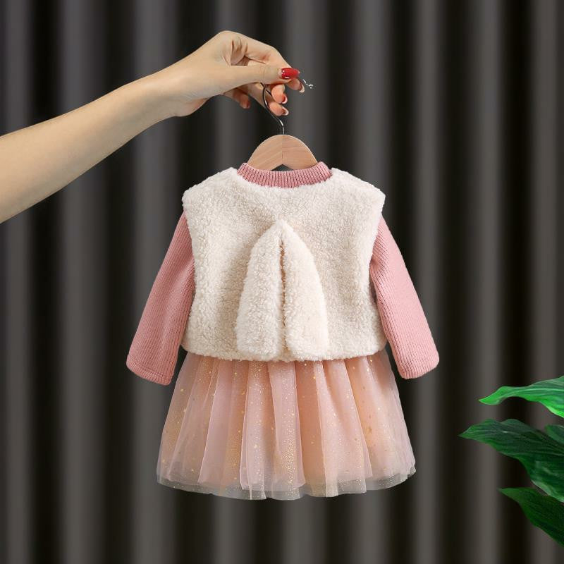 Conjunto infantil para mujer: vestido de tul y chaleco de lana