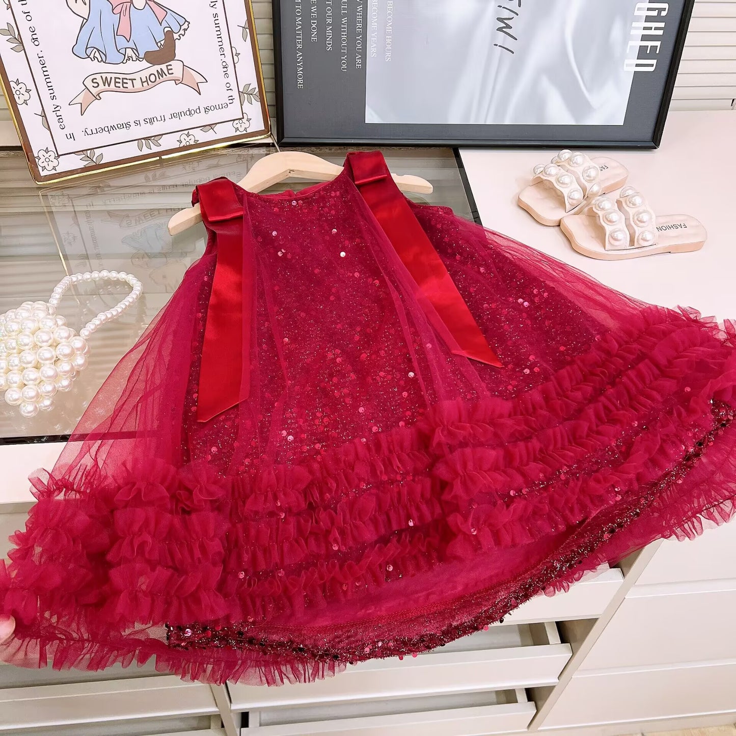 Shiny Tulle Children's Dress with Bow