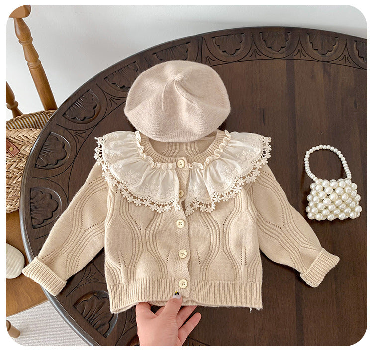 Children's Knitted Coat with Lace Collar
