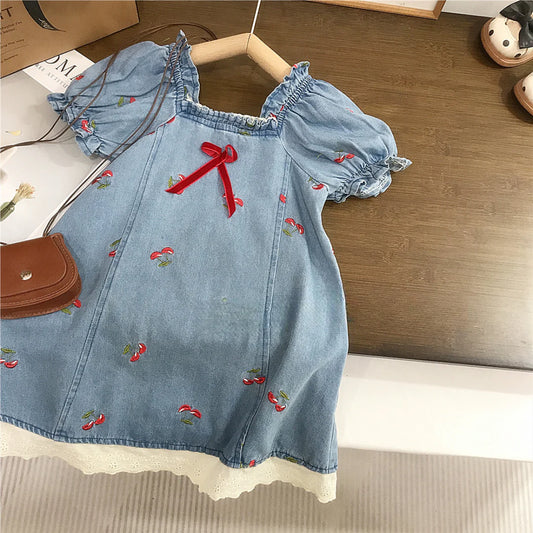 Children's Cherry Embroidered Jeans Dress