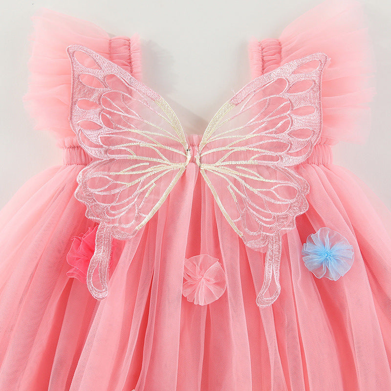 Vestido infantil de tul con alas y flores