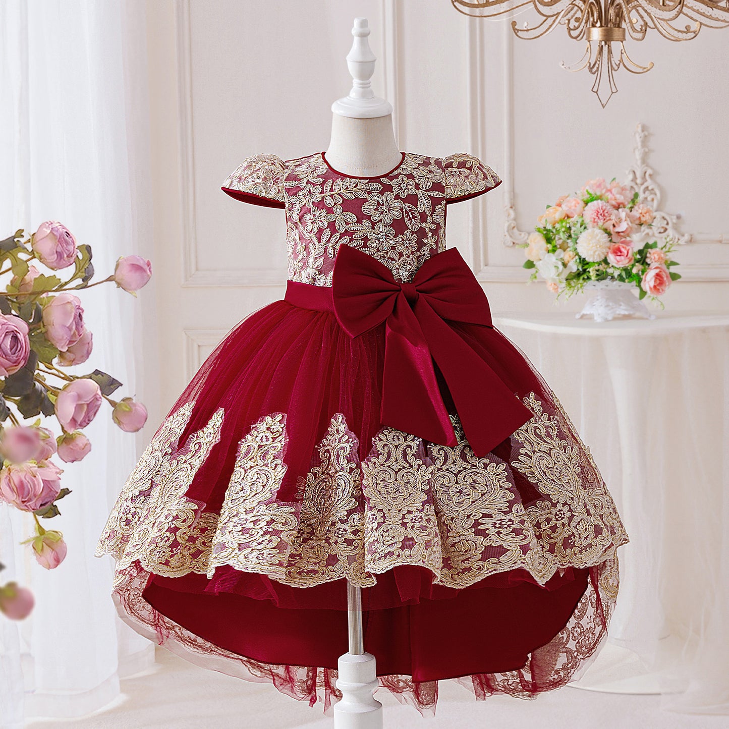 Children's Party Dress with Flowers and Bow