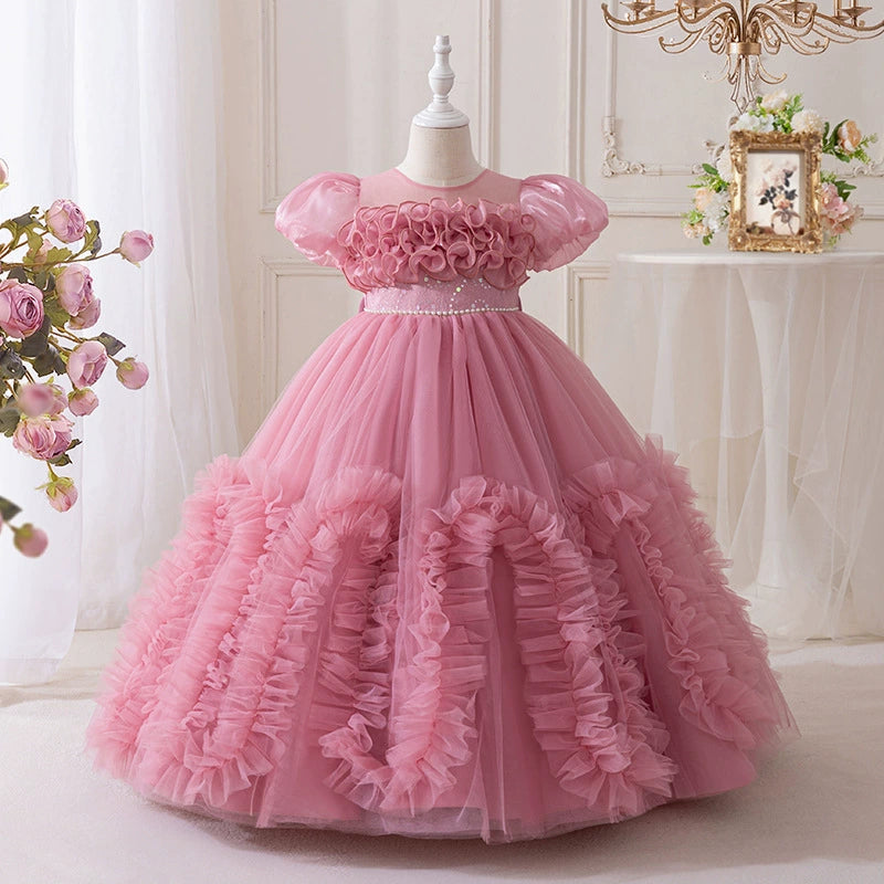Long Children's Dress with Tulle Ruffles