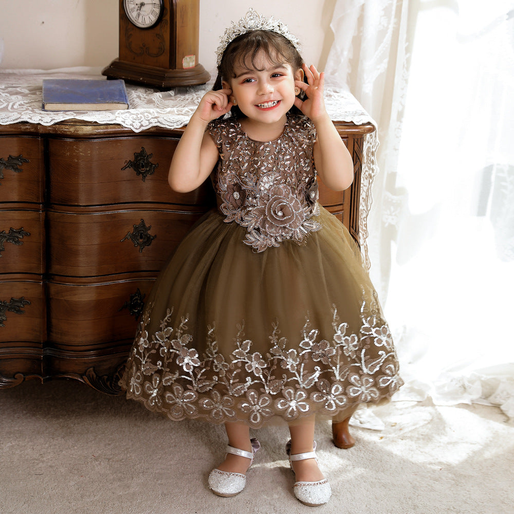 Vestido de fiesta infantil de tul brillante y flores
