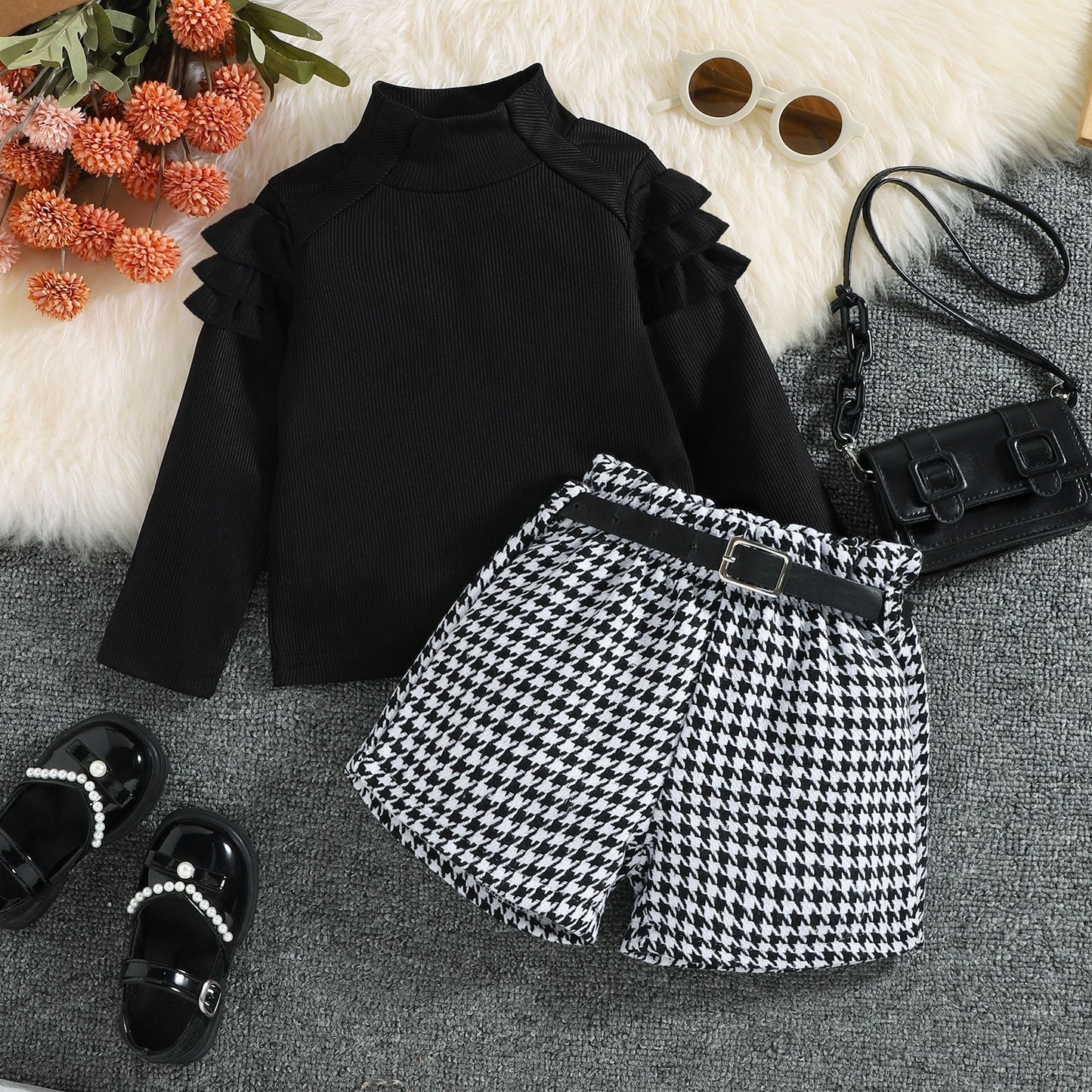Girls' Plaid Set with Belt