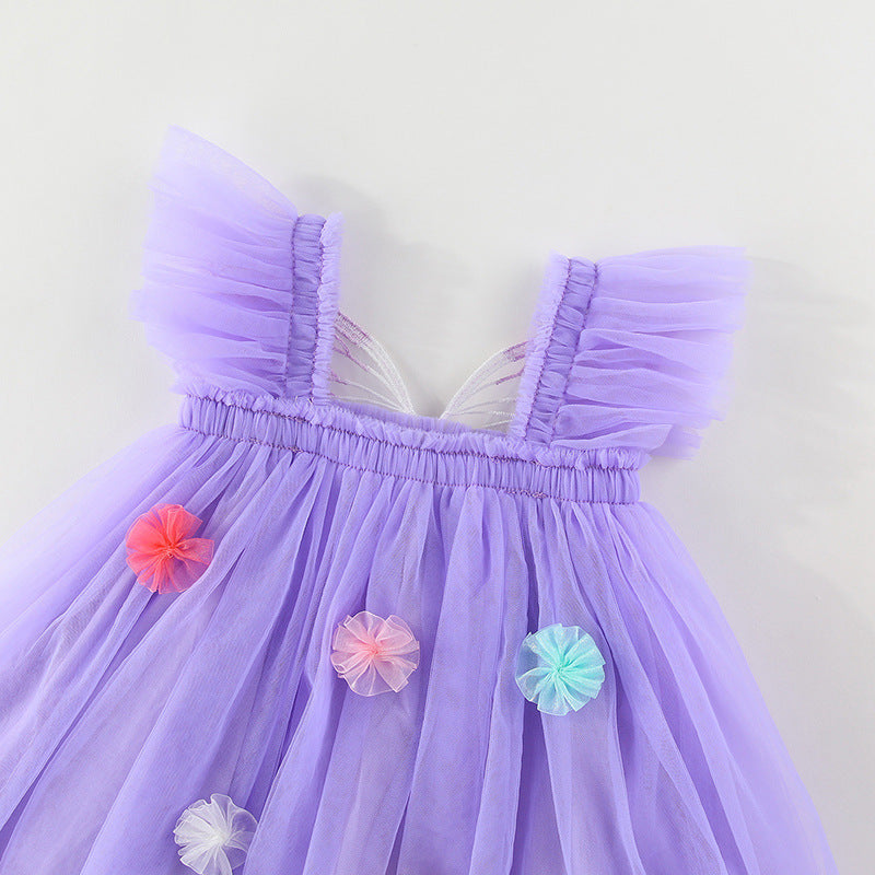 Vestido infantil de tul con alas y flores