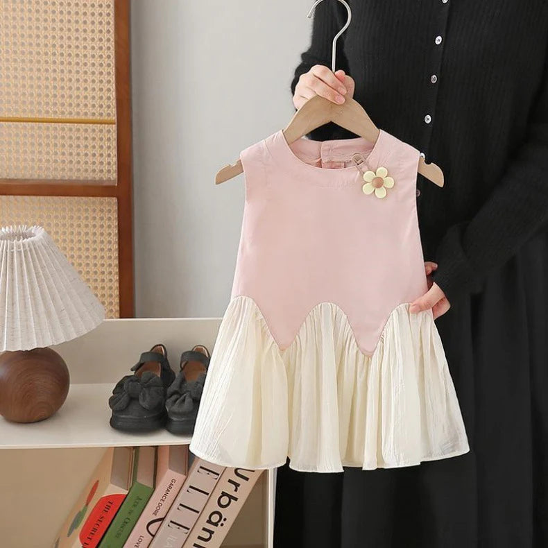 Children's Dress with Pleated Hem and Little Flower