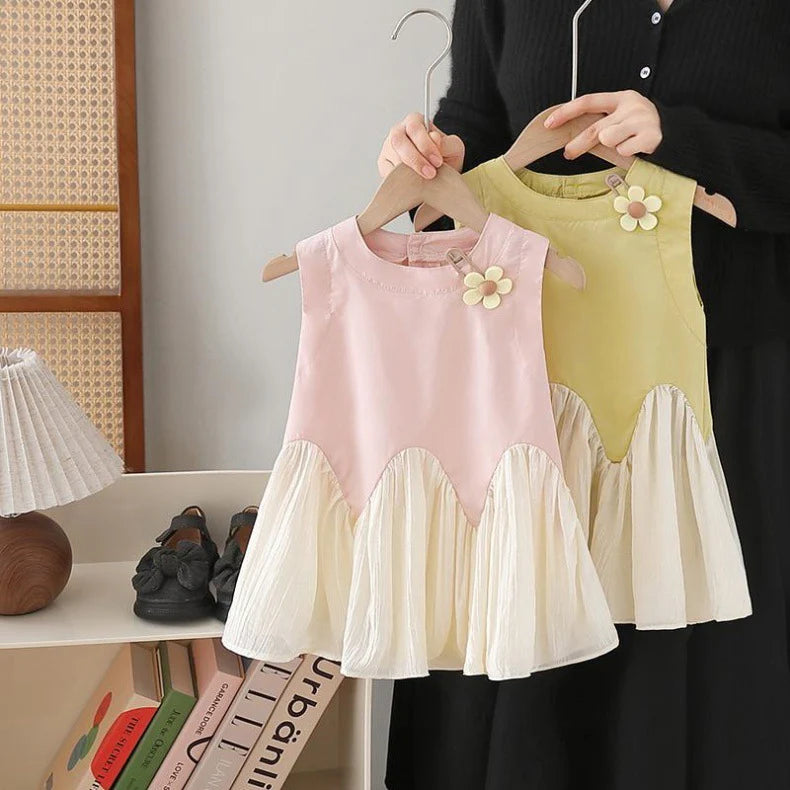 Children's Dress with Pleated Hem and Little Flower