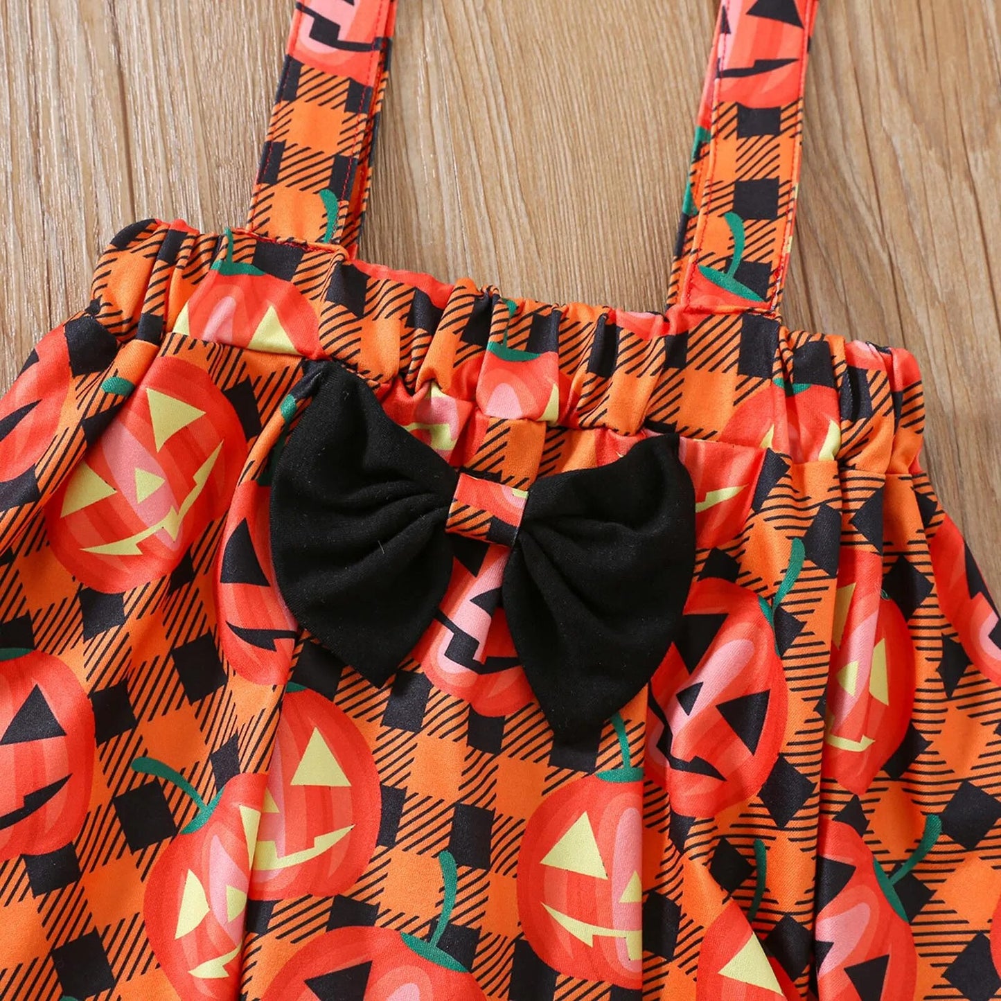 Conjunto de 3 piezas para niñas, ropa infantil con top de manga corta con vuelo, falda con tirantes y lazo para Halloween