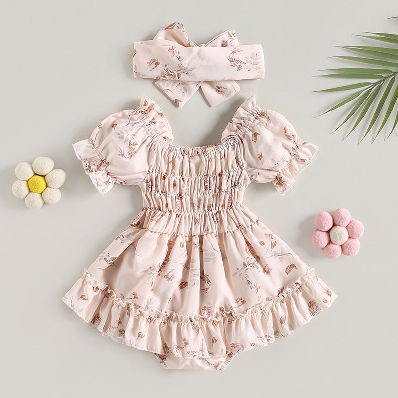 Vestido de bebé vintage floral + diadema