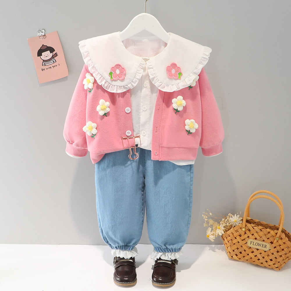 Conjunto de camisa infantil con cuello de flores