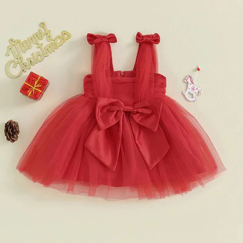 Vestido infantil navideño de tul y lazo