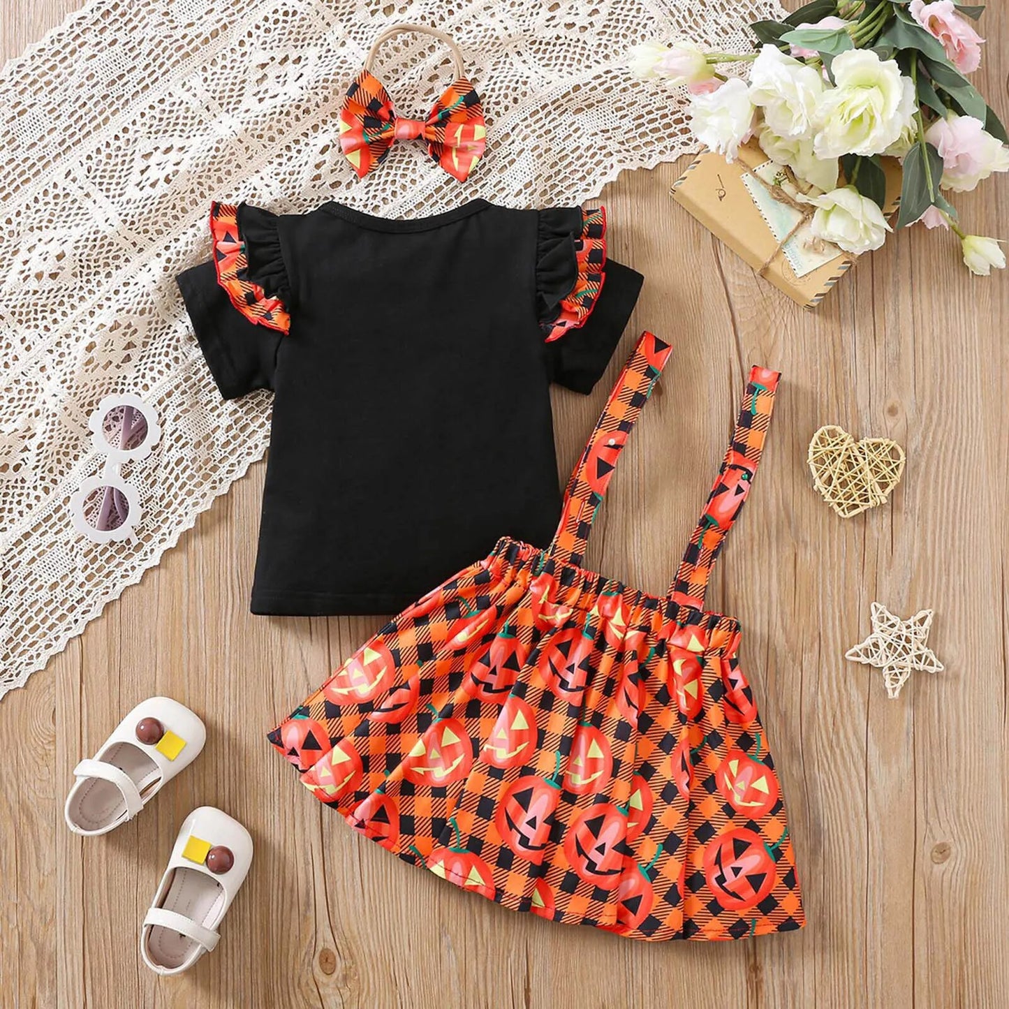 Conjunto de 3 piezas para niñas, ropa infantil con top de manga corta con vuelo, falda con tirantes y lazo para Halloween
