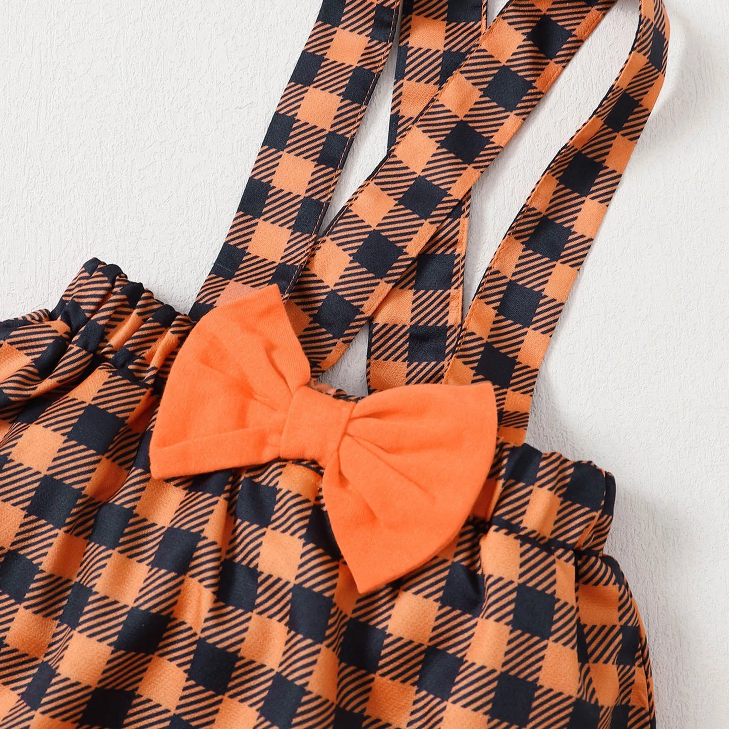 Halloween Pumpkin Romper+Plaid Suspender Skirts+ Headband