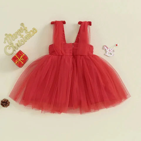 Vestido infantil navideño de tul y lazo