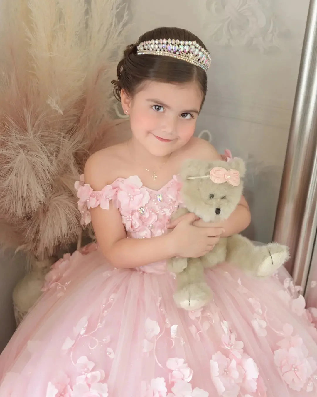 Pink 3d Applique Flower Wedding Birthday Party Dress