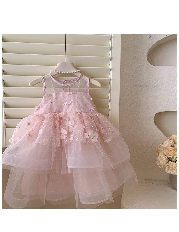 Kids Princess Tulle Dress Butterfly Sleeveless Party Gown