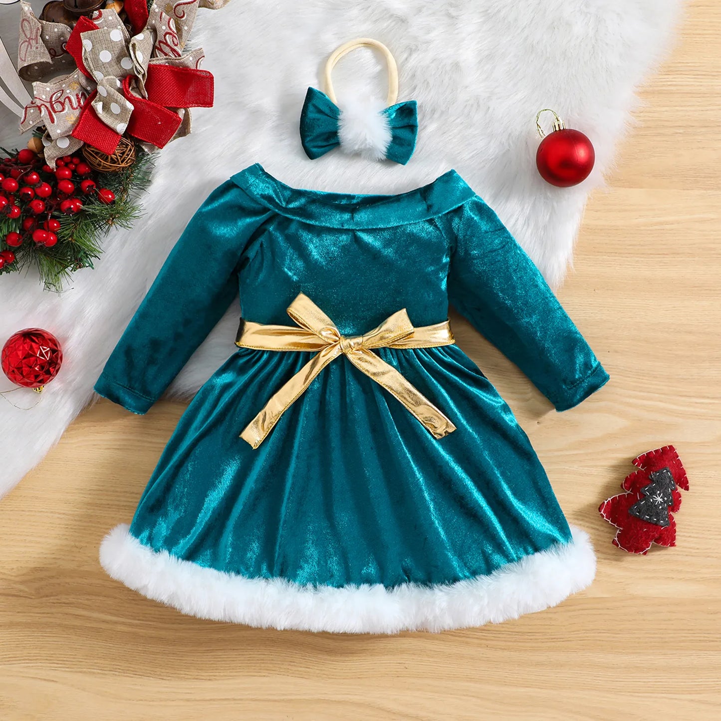 Vestido infantil verde con lazo dorado + diadema