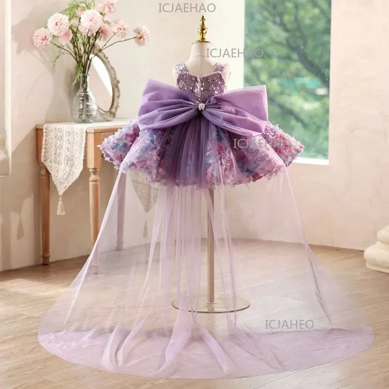 Princess Dress Girls Birthday V Neck Purple Floral Gown