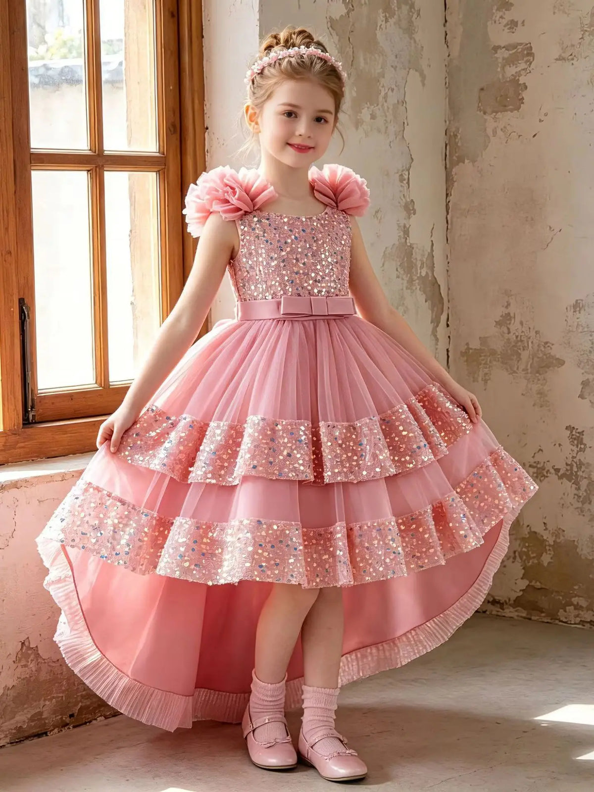 Custom 3D Flower Sequin Bow High Low Tulle Luxury Dress