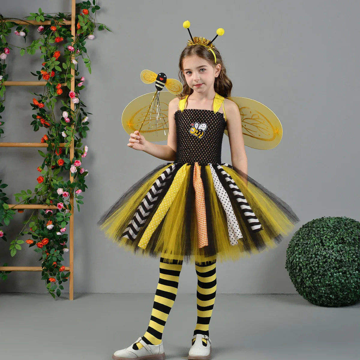 Cute Bee‑Pattern Tulle Tutu Dress for Girls
