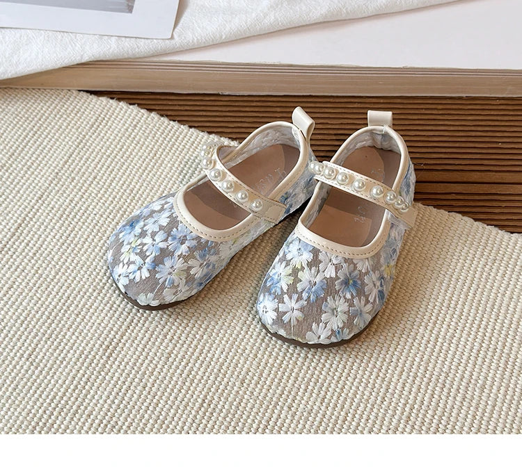Pink Blue Floral Embroidery Mesh Ballet Flat Lace Ballerina Shoe
