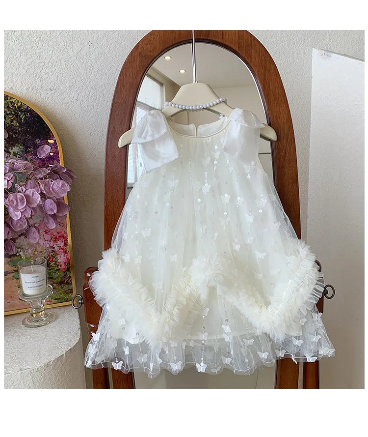 Sleeveless Flower Ruffles Butterfly Baby Girls Bows Dress