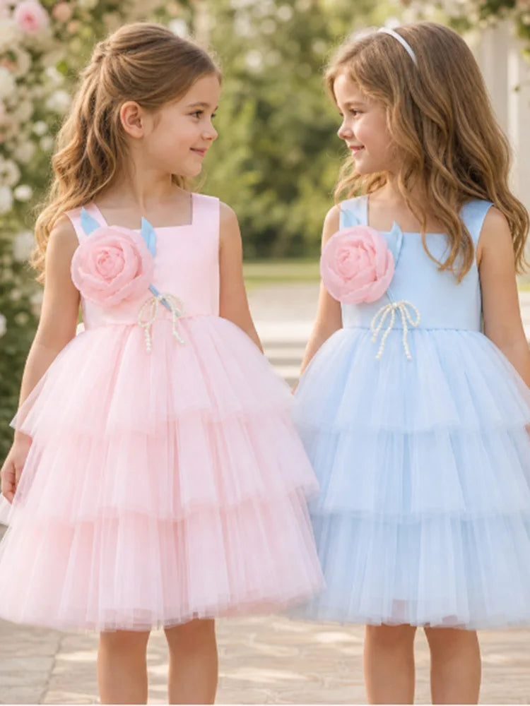 Custom Square 3D Flower Tiered Tulle Luxury Dress Women Wedding Guest Gown