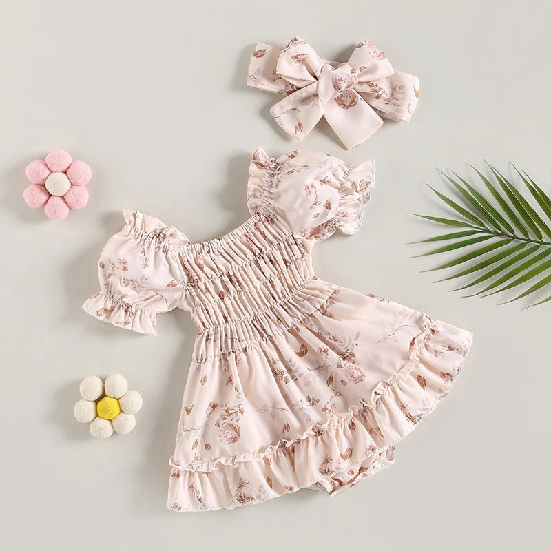 Vestido de bebé vintage floral + diadema