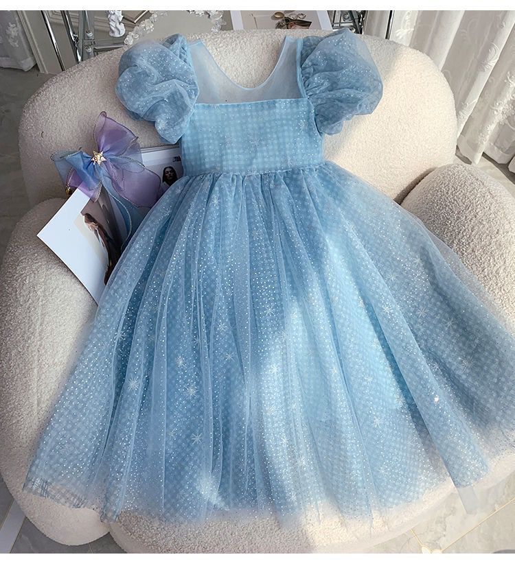 Vestido infantil con lazo y purpurina azul